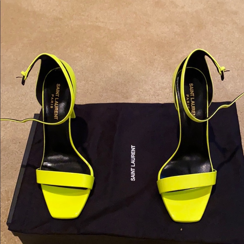 SAINT LAURENT "AMBER NEON LEATHER SANDALS" HEELS